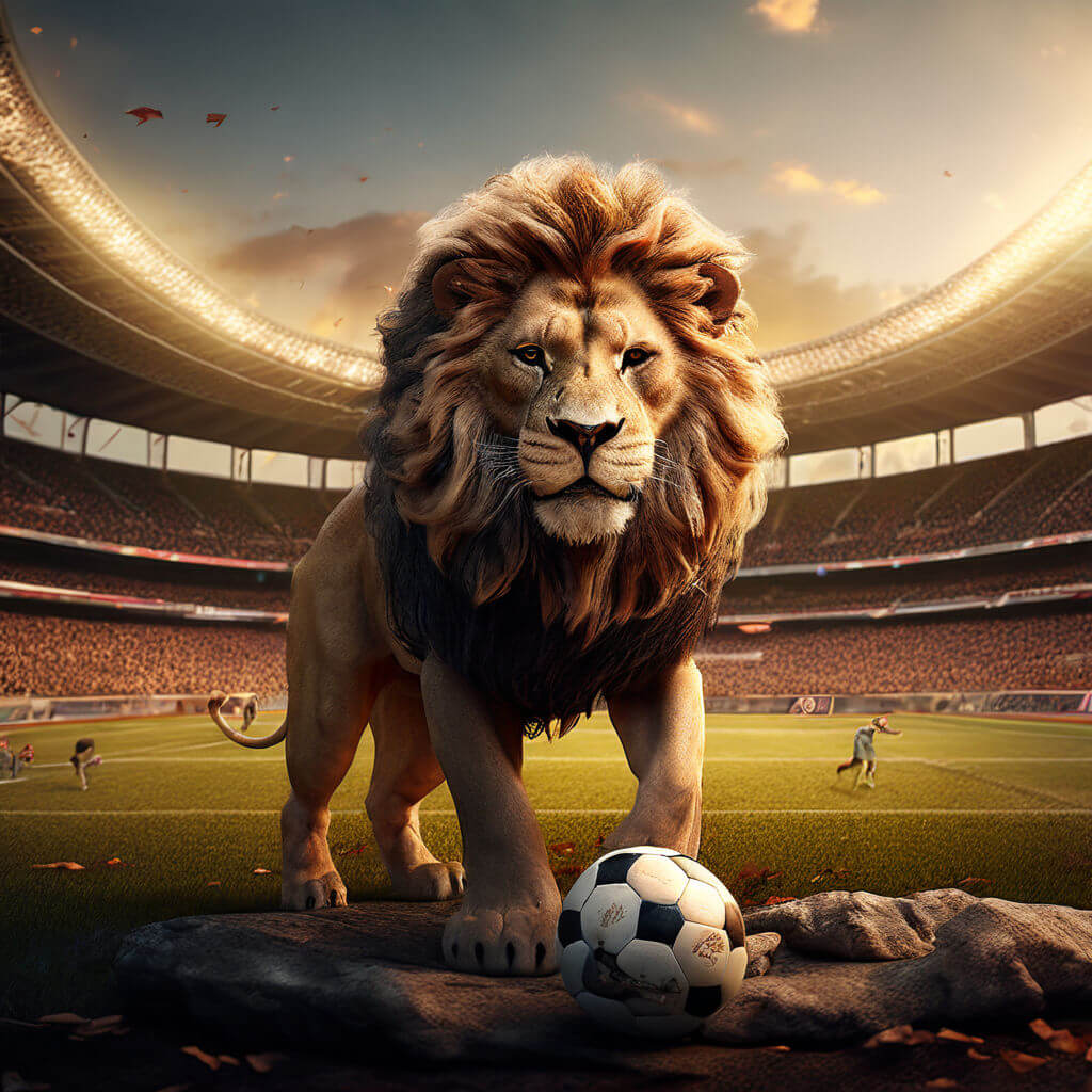 lion in soccer stadium